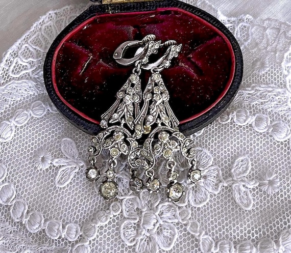 Antique Georgian Revival 830 Silver faceted Paste Stone accented elegant hallmarked Clip Drop Earrings