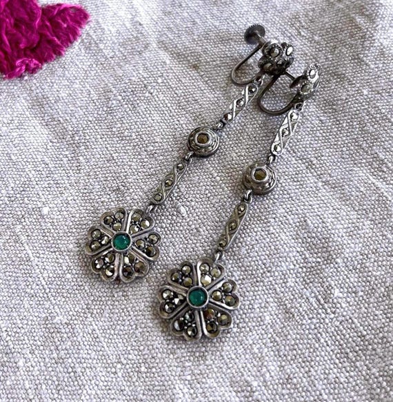 Edwardian Chrysoprase Sterling Silver Drop Earrings: Marcasite Accents