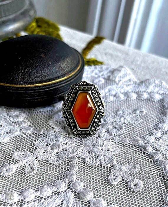 Art Deco Carnelian Ring: Sterling Silver Marcasite Statement Ring, Size 6