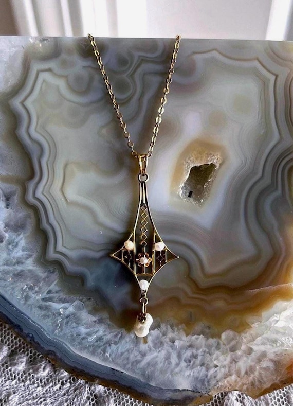 Antique 10K Gold Seed Pearl Pendant Necklace - Edwardian SM&S