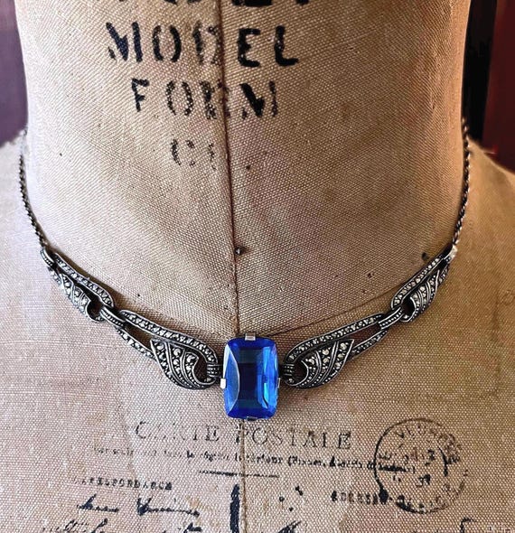 Antique Art Deco 935 Silver Choker: Blue Paste Stone, Marcasite Accent