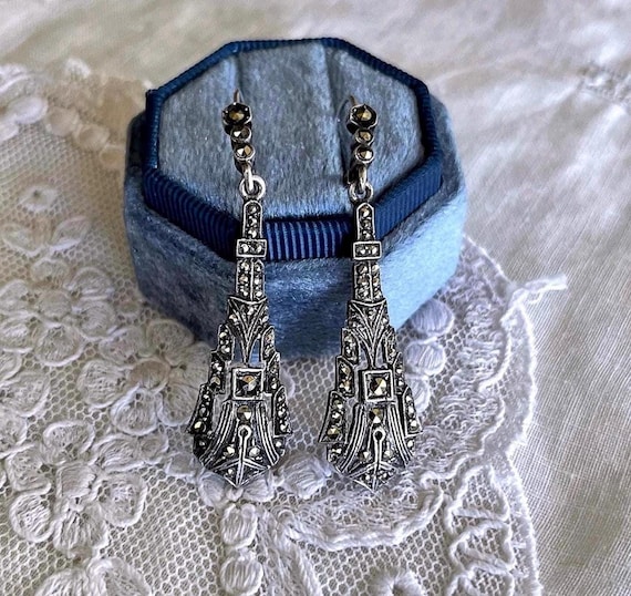Post War EHA German Art Deco Sterling Silver Marcasite accented hallmarked Pierced Drop Earrings