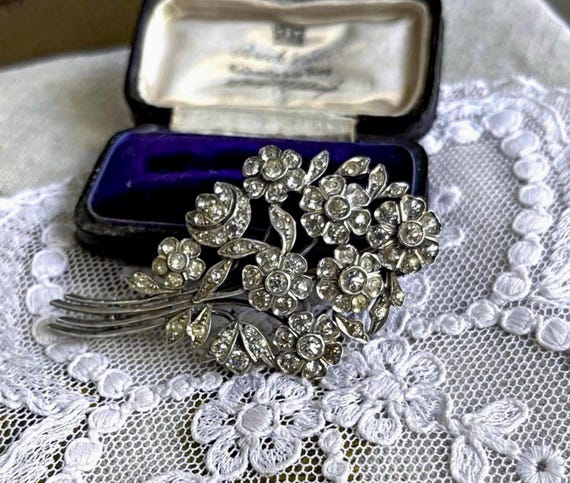 Romantic vintage Austria Art Deco 835 Silver brilliant faceted Paste Stone accented hallmarked sparkling Flower Basket Statement Brooch