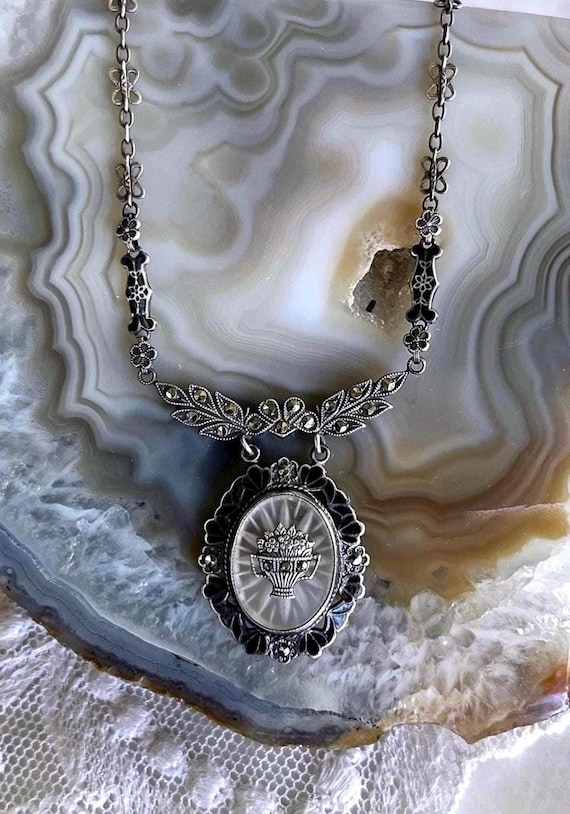 Vintage Art Deco Sterling Silver Quartz Camphor Marcasite accented Lavaliere Necklace