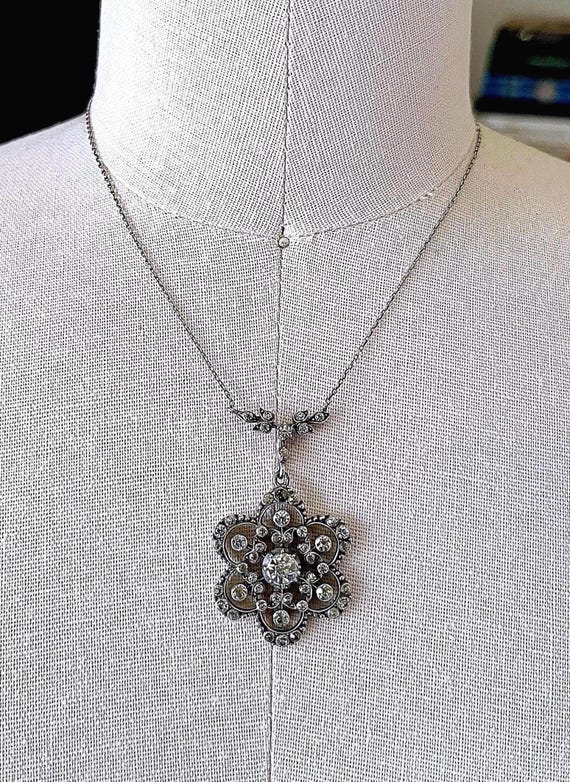 Exquisite antique European Georgian 830 Silver brilliant faceted Diamond Paste Stone accented gorgeous hallmarked Lavaliere Necklace