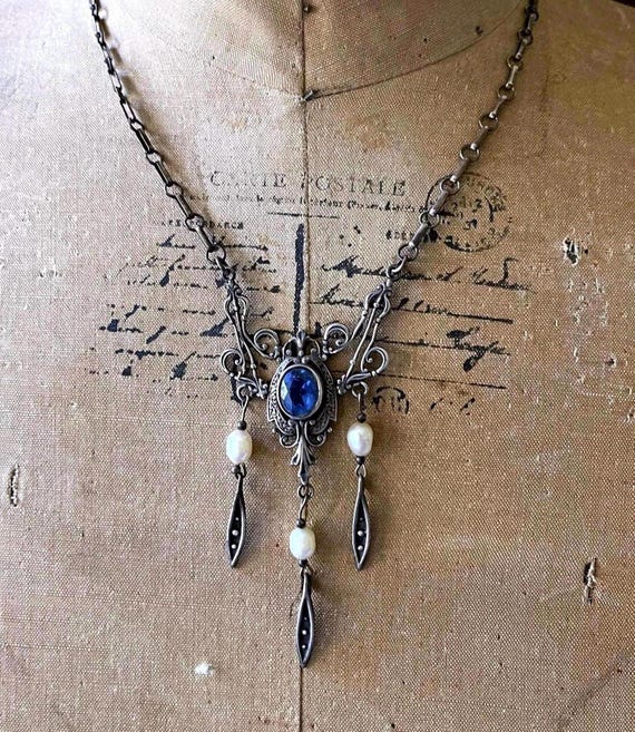 Bohemian Art Nouveau Sterling Silver Lavaliere Necklace: Sapphire Blue Paste & Pearl