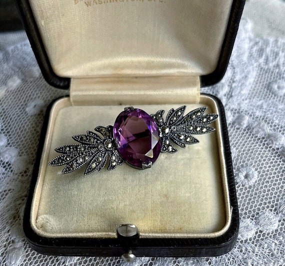 Vintage Art Deco Sterling Silver Amethyst Purple Paste Stone brilliant faceted Marcasite Crystal accented lovely demure stamped Brooch