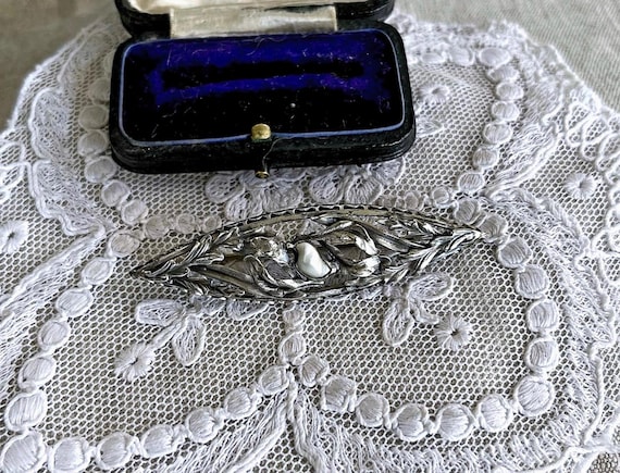 Vintage Art Nouveau Revival Sterling Silver genuine Dog Tooth Pearl accented lovely hallmarked Lapel Brooch