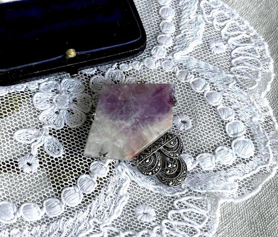 Unique antique 1920s Art Deco Sterling genuine Amethyst Cabochon brilliant faceted Marcasite Crystal accented romantic hallmarked Fur Clip
