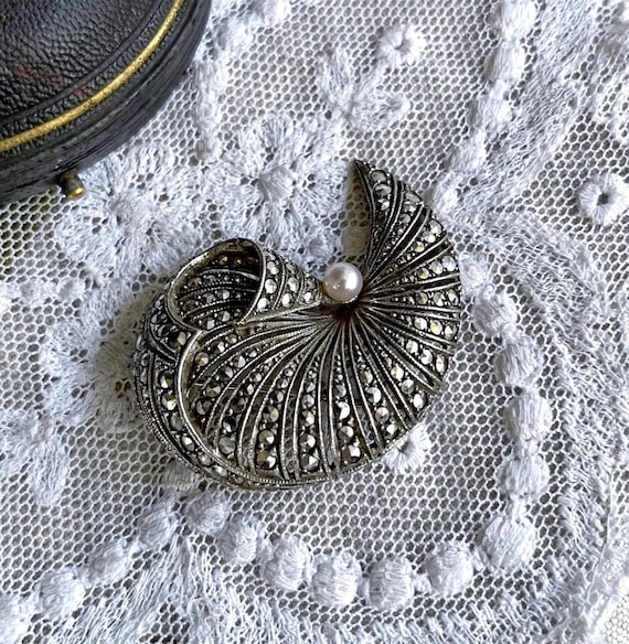 Romantic vintage Mid Century Modern Art Deco Revival Sterling Silver genuine Cultured Pearl faceted Marcasite accented Statement Brooch