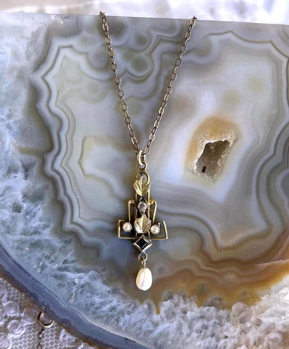 Antique Edwardian Pinchbeck Pendant Necklace: Diamond, Sapphire & Seed Pearl
