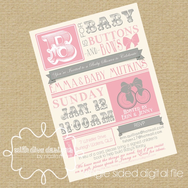 Baby Shower Invites - B is for Baby Button Bows - pink, gray, navy, girl or boy - Digital File