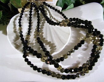 Vintage 1980's Chico's Triple Graduating Strand Faceted Black Bronze Tone Gold Tone Bead Necklace