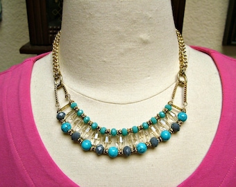 Vintage Faux Turquoise Faceted Lucite Bib Fancy Chain Necklace