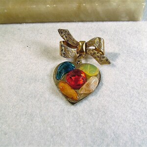 RARE Vintage 1960's Multi Semi Precious Stone Gold Tone Dangle Heart Bow Brooch image 1