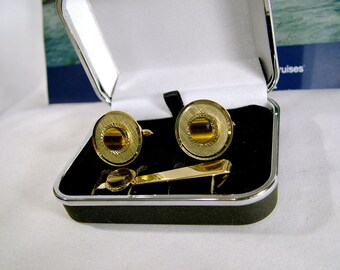 Vintage Lamode Karatclad 1970's Tiger Eye Heavy Gold Plate Cufflinks & Tie Clip Set