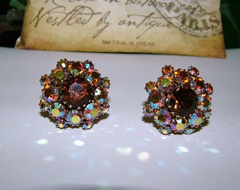 Vintage D & E Juliana Amber Topaz Aurora Borealis Cluster Clip Earrings