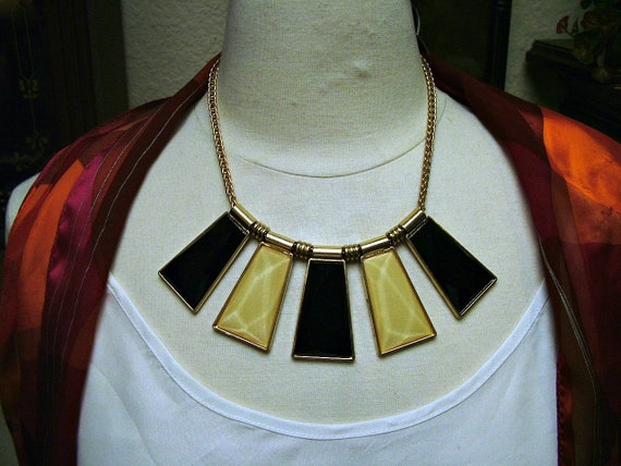 Vintage 1980's Art Deco Iridescent Black Yellow L… - image 1