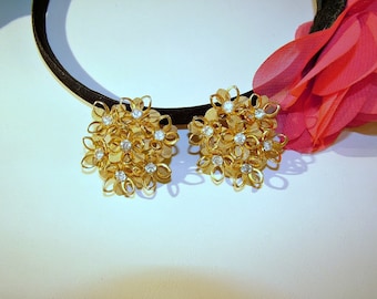 Vintage 1960's Flower Power Gold Rhinestone Cluster Clip Earrings