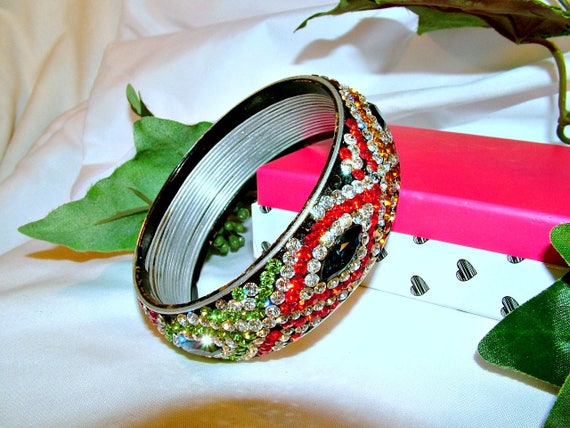 Vintage Wide Domed Multi Color Rhinestone Bangle … - image 1