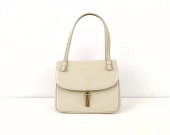 Vintage 1950's Bienen-Davis Ivory Cream Leather Handbag With Gold Tassel Pull Closure Top-Handle Evening Bag Purse
