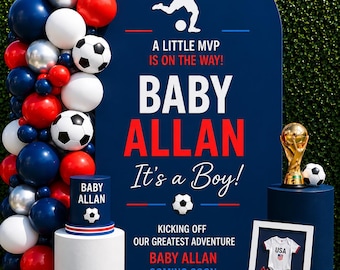 Little MVP Soccer Baby Shower Backdrop | Personalized Sports Baby Shower Decor | Soccer Theme Welcome Sign & Photo Booth Decor