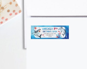 Shark Party Address Stickers Personalized 3x1, Shark Return Labels Printed, Shark Birthday Labels Blue Watercolor, Shark Address Stickers