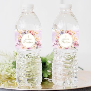 Etiquetas Personalizadas de Agua para Decoración de Comunión, Confirmación o Bautizo con diseño Floral de orquídeas Lila