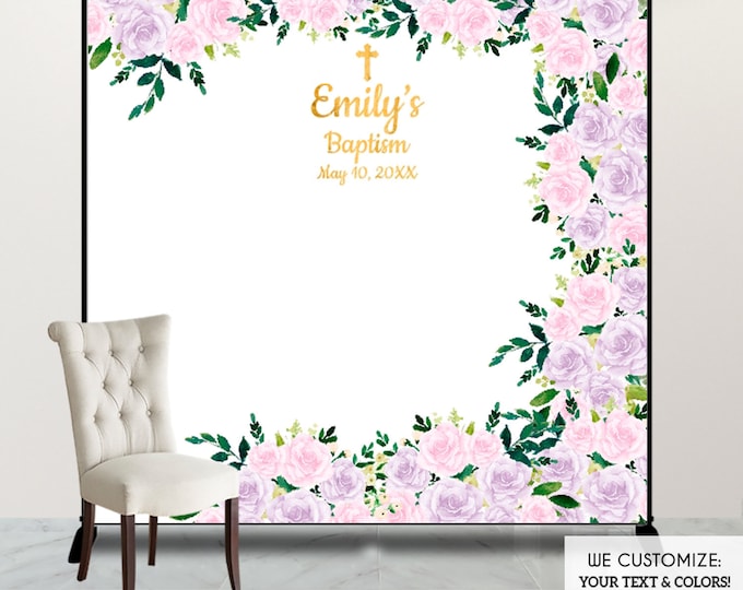 God Bless Peach Floral Baptism Banner Personalized Party Backdrop Decoration