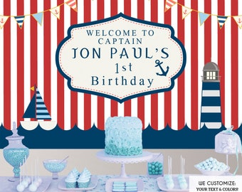 Nautical Backdrop,Nautical First birthday banner, Any Age Little Sailor Banner Blue And Red Stripes Printed Or Printable File BBD0135
