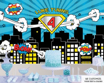 Superheroes BACKDROP, Super hero Comic Theme, We Customize initial, Name Or Age, Super Hero Party, Printed Or Printable File BBD0066