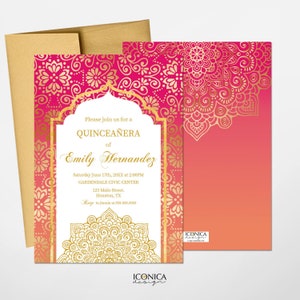 Moroccan Quinceañera Invitation,Gold Pink Orange, Indian Party, Etnic Party, Arabian Invitations, Bollywood invitation IBS0029
