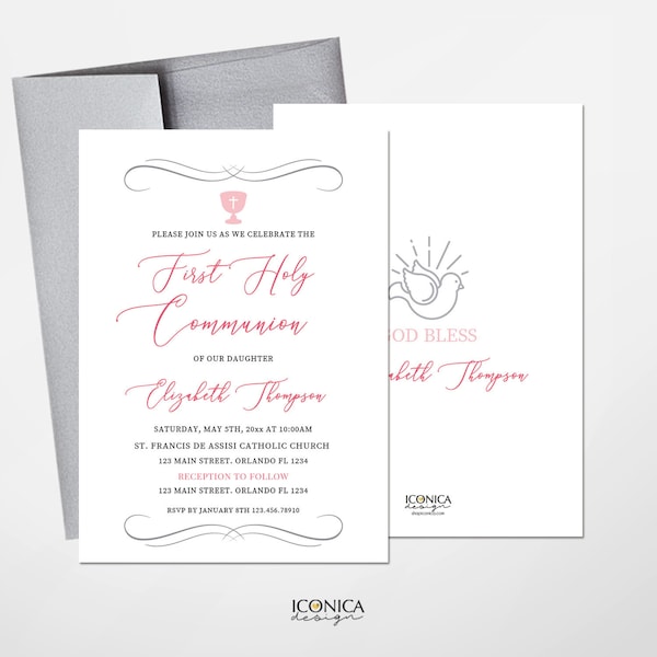 First Communion Invitations, Pink And Silver Invitation, Religious Events, Chalice and Dove Invitation, Printed Or Printable File IFC0011