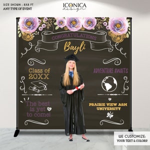 Graduation Party Photo Booth Backdrop, Virtual Graduation, Floral Step and Repeat, Congrats Grad, Banner Printed Or Printable File BGR0007 image 3