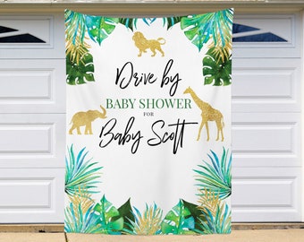 Safari Backdrop Personalized Safari Banner Drive By Baby Shower Banner Party Animals Backdrop Jungle Backdrop Watercolor Animals Banner