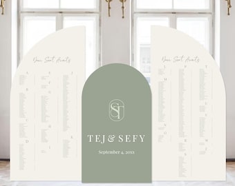 May include: A wedding seating chart with a green archway with the names Tej & Sefty and the date September 4, 20XX. The chart is divided into two sections, each with a list of names under letters of the alphabet.