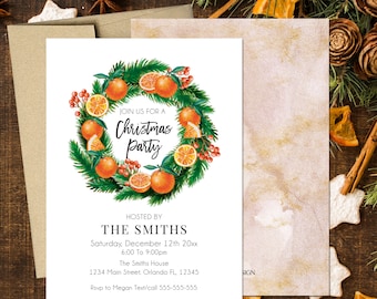 Christmas party Invitation Printed or Electronic File - Cheerful citrus card - Citrus Holiday Invitation - Any Text