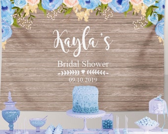 Bridal Shower Backdrop Rustic Floral Dessert Table Banner,Blue Watercolor Flowers Garden Shower, Printed Or Printable Bbr0003