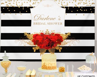 Bridal Shower Backdrop, Black and White Stripes Banner, Floral Red and Gold backdrop, Red roses backdrop, Printed or Printable File BBR0036