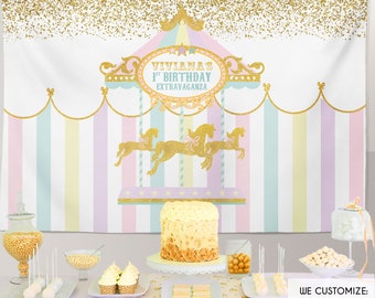 Carousel Birthday Backdrop, Pastel Colors, Girl Baby Shower (Printed or Printable)