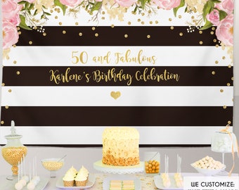 50th Birthday Floral Party Backdrop Black And White Stripes Banner Any Event Gold Confetti 50 And Fabulous Printed Or Printable File Bbd0014