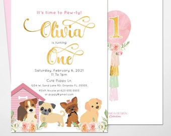 Puppy Birthday Party Invitation, Pink Floral Design