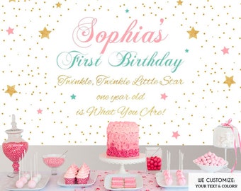 Twinkle Twinkle Backdrop - Birthday Backdrop - Pink and Blue - Gold Confetti - Free Shipping - Printed Or Printable File