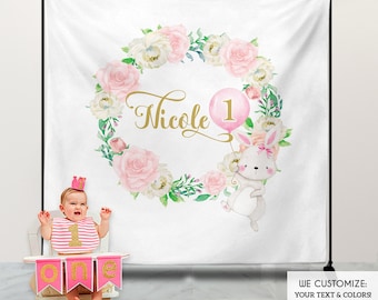 Custom Bunny First Birthday Backdrop, Floral Wreath