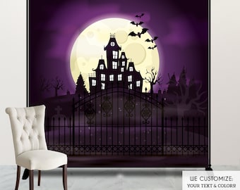May include: A purple and black Halloween backdrop featuring a silhouette of a haunted house with a large yellow moon in the background. The house is behind a black iron gate and there are trees and a graveyard in the foreground. The text "WE CUSTOMIZE: YOUR TEXT & COLORS!" is at the bottom of the backdrop.