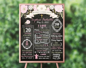 First Communion Chalkboard Sign Floral, Baptism Milestone Poster, Any Event Or text, Digital Or Printed Cfc0001