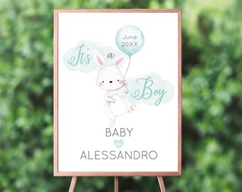 May include: A white bunny holding a light blue balloon with the text "June 20XX" printed on it. The bunny is on a light blue cloud with the text "It's a Boy" printed on it. The text "Baby Alessandro" is printed below the bunny.