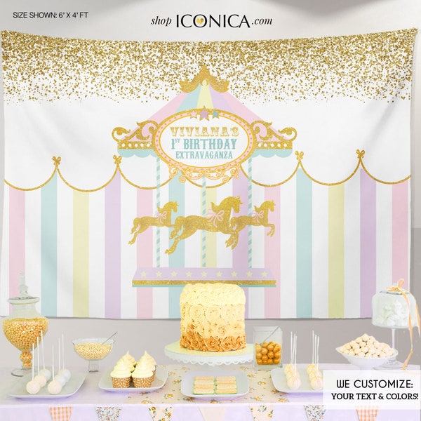 Carousel Party Backdrop First Birthday Any Age Girls Baby Shower Banner Girl Circus Banner Pastel Colors Printed Or Printable Bbd0005