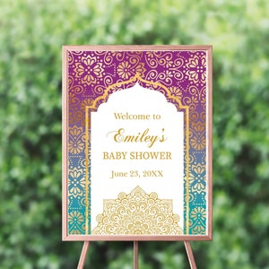 Moroccan Welcome Sign, Arabian Night Decor, any type of event,Personalized Decor, Printed Or Digital File, Purple and Teal Gold SWBS011
