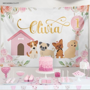 Puppy 1st Birthday Party Backdrop Personalized, Lets Pawty Decorations, Girls Puppy Birthday Banner, Dog 1st Birthday Party Fabric Backdrop